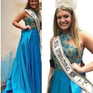 Sherri Hill Teal Beaded Gown with Added Overskirt
